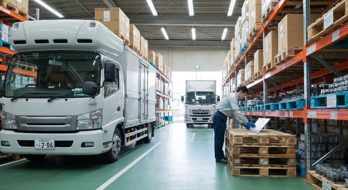 出荷ヤードに整列した配送車両と倉庫の外観